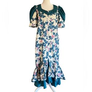 VTG MALIHINI Hawaiian Ruffle-Hem MuuMuu Maxi Dress Floral Fish Aloha Islands SzM